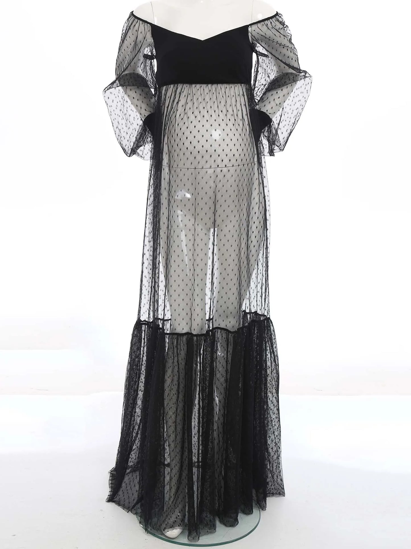 Maternity Pregnancy Photography Dress Bubble Sleeve Off-shoulder Polka Dots Sheer Mesh Split Maxi Gown for Party Sleepwear