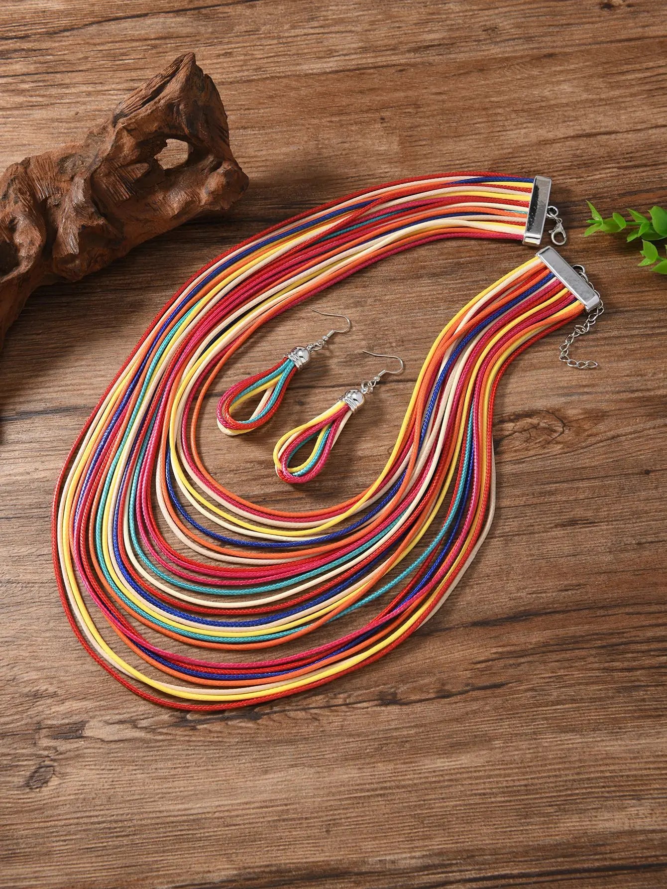 Jewelry Sets for Women, Multi-layer Wax Thread Hand-woven Necklace, Fashion and Personality Choker + Dangle Earrings