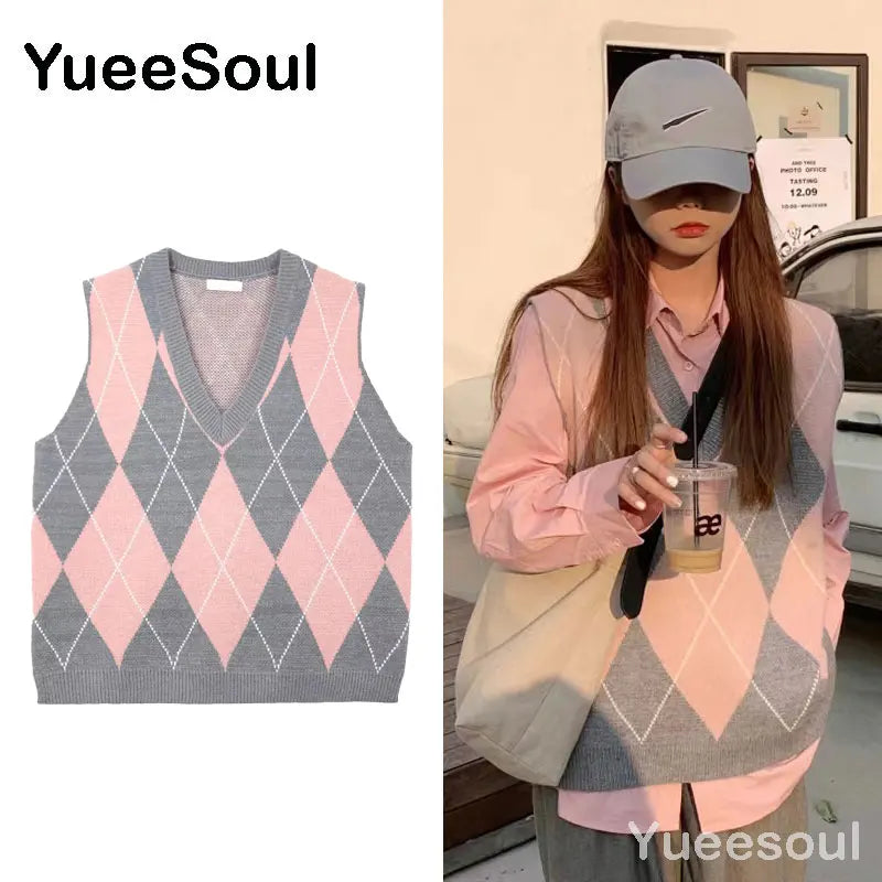 Sweet Kawaii Sweater Vest Printed Sleeveless Casual Outerwear Knitted Waistcoat 2023 Vintage Y2K Spring  E Girl Pullovers Tops