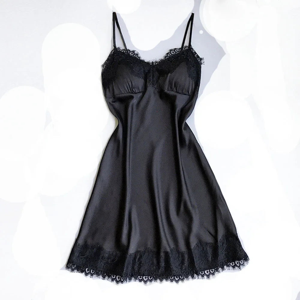 Ladies Sexy Silk Satin Night Dress Sleeveless Nighties V-neck Nightgown Nightdress Lace Sleepwear Nightwear for Women S-3XL