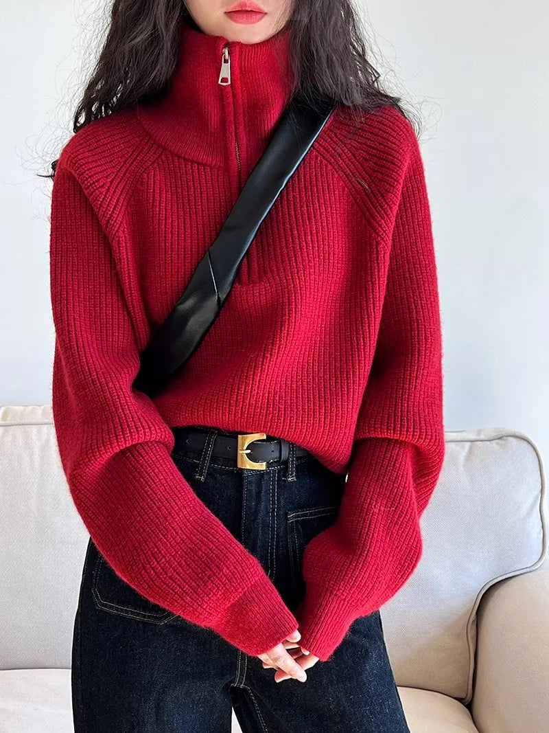 Sweater Pullover Women Autumn Winter 2025 New Zipper Underlay Loose Short Style Popular Premium Sweater Female Tops