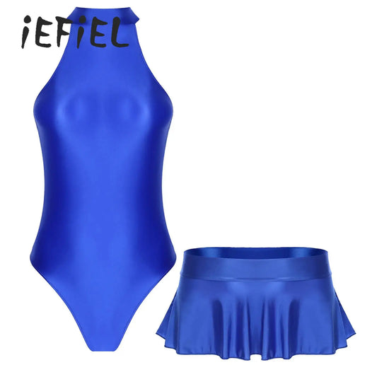 Women Glossy Bodysuit Swimsuit Set Elastic Sleeveless High Cut Leotard with Ruffled Mini Skirt Swimming Bathing Suit Swimwear