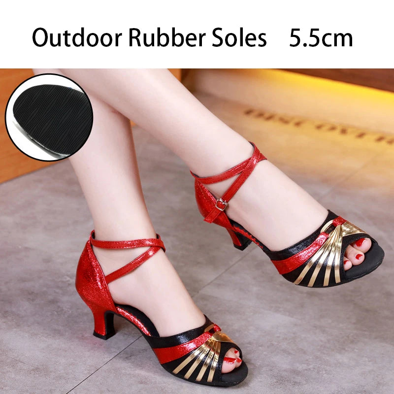 Women's Bachata Swing Salsa Latin Ballroom Dance Shoes Outdoor High Heels Peep Toe Performance Latin Dance Shoes for Woman