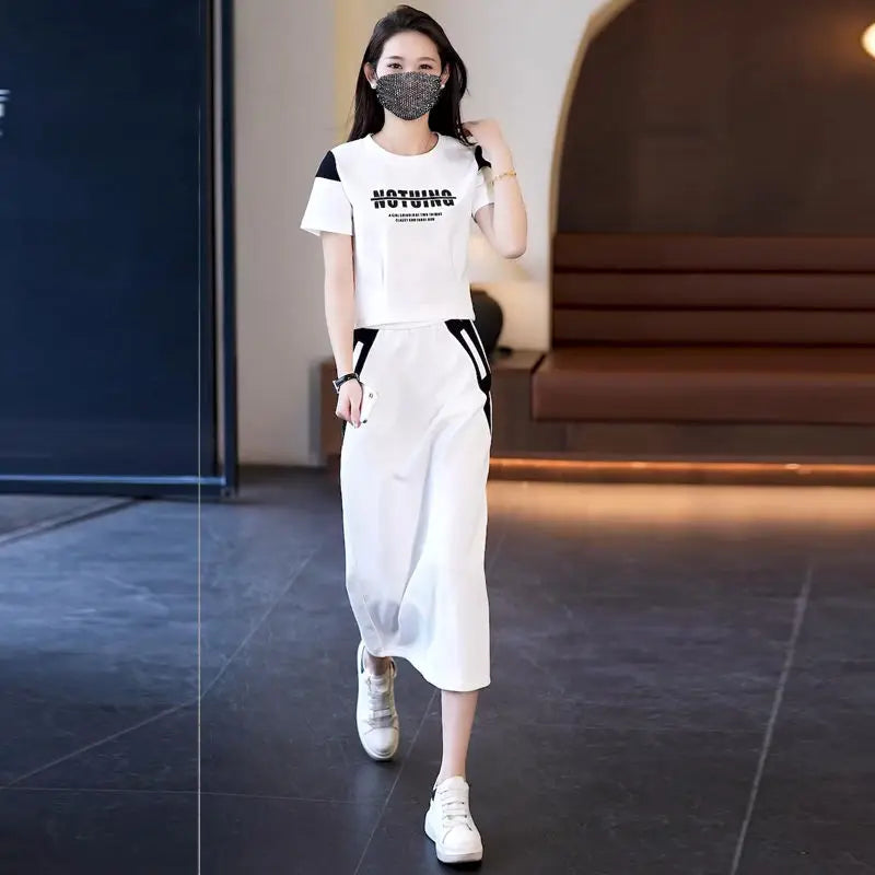 Women's Two Piece Set Short Sleeve Lightly Cooked Slit Skirt Luxury Designer Clothing Y2k Clothes Top and Bottom Female Outfits
