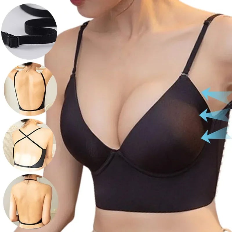 Women's Backless Bra Sexy Invisible Bralette Lace Wedding Bras Low Back Underwear Push Up Brassiere Seamless Lingerie Corset Bra