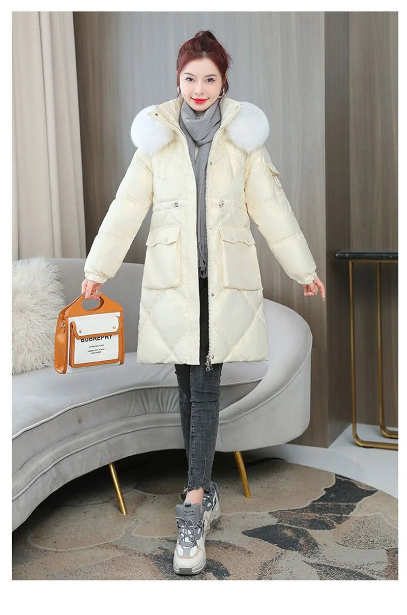 Champagne Winter Jacket Parkas Women Coat Fur Collar Hooded Overcoat Female Jacket Thick Warm Cotton Padded Puffer Parka Outwear