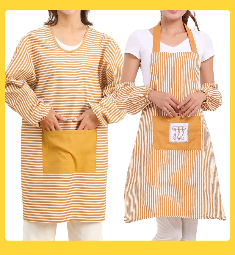 Fashionable Striped Apron For Home Kitchen Cooking Long Sleeved Women's Cute Anti Stain Work Dining Work Clothes Smock