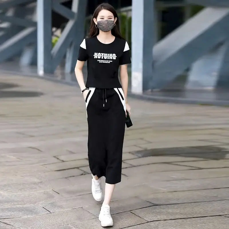 Women's Two Piece Set Short Sleeve Lightly Cooked Slit Skirt Luxury Designer Clothing Y2k Clothes Top and Bottom Female Outfits