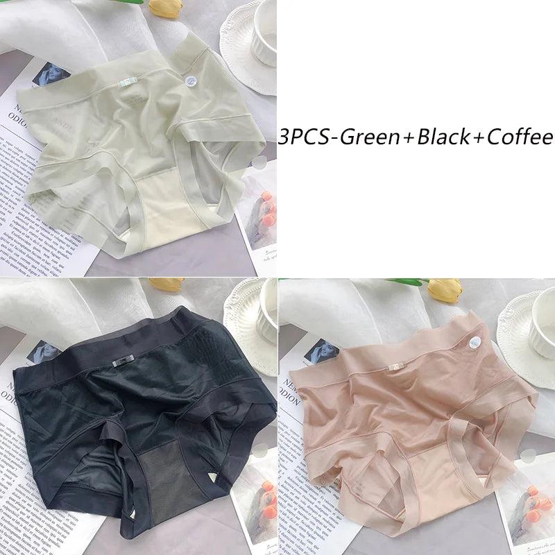 3PCS Women Seamless Panties Ice Silk Transparent Breathable Antibacterial Panty Mid-waist Briefs Cotton Underwear