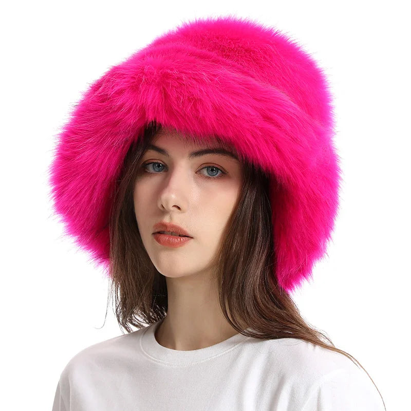 Hat Woman Winter Faux Fur Fisherman Hat Woman Versatile Warm Female Casual Party Fur Hats Women's Cap Ins Plush Bucket Hat