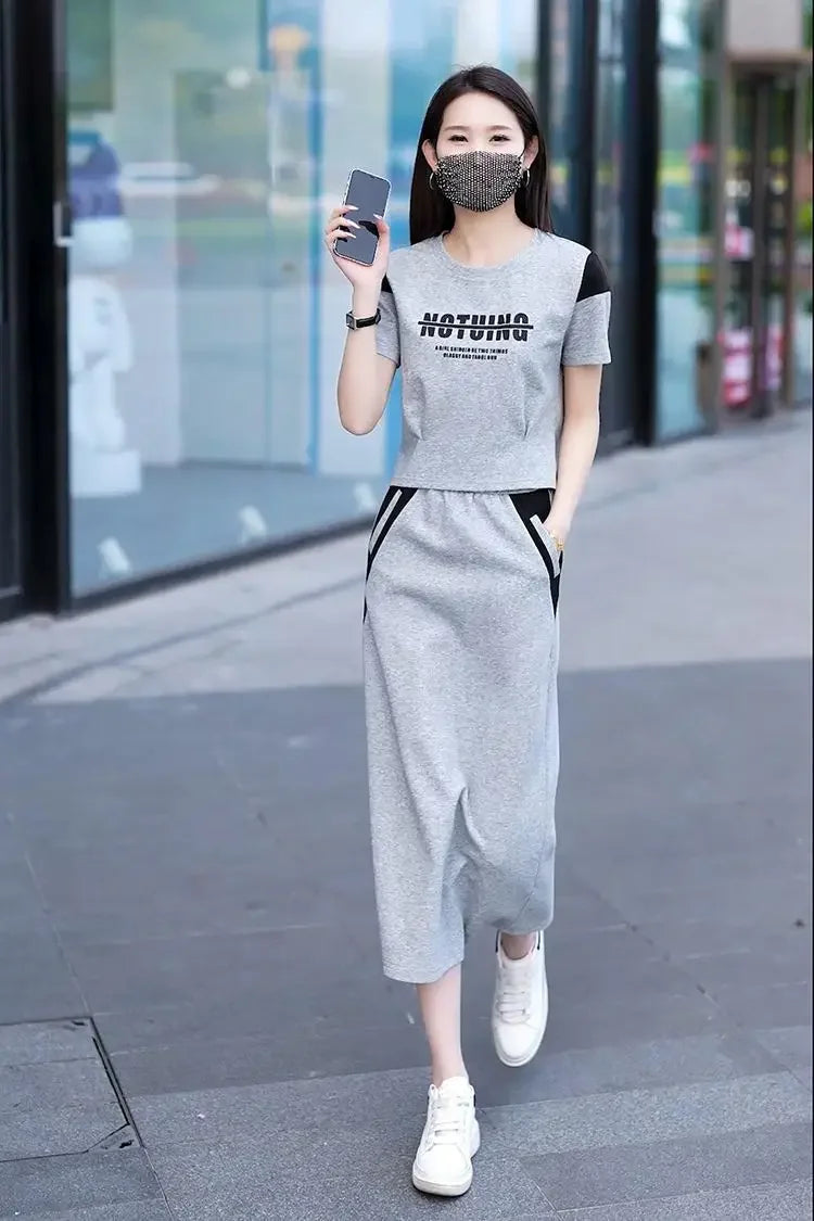 Women's Two Piece Set Short Sleeve Lightly Cooked Slit Skirt Luxury Designer Clothing Y2k Clothes Top and Bottom Female Outfits