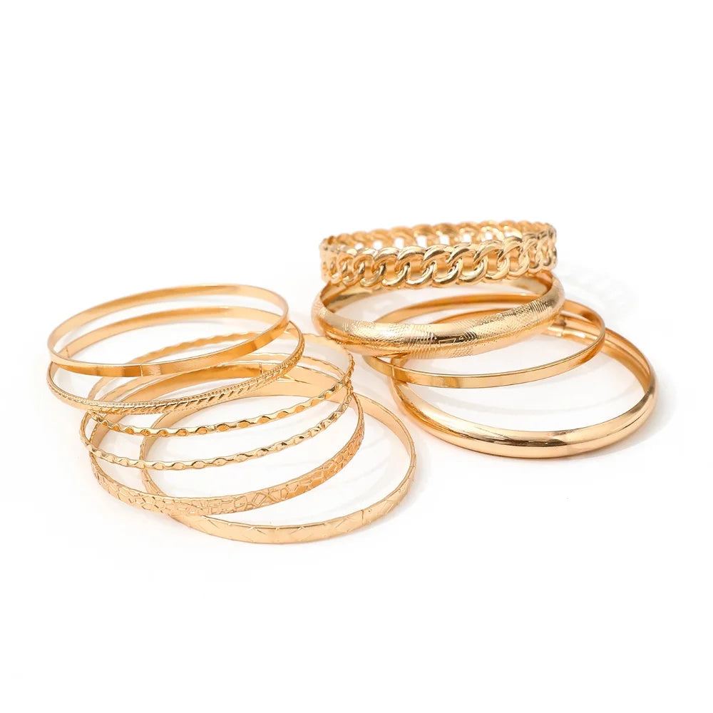 10pcs/set Metal Bangles Set For Women Heavy Punk New Styles Hiphop Textured Fashion Bracelets Jewelry Accessories