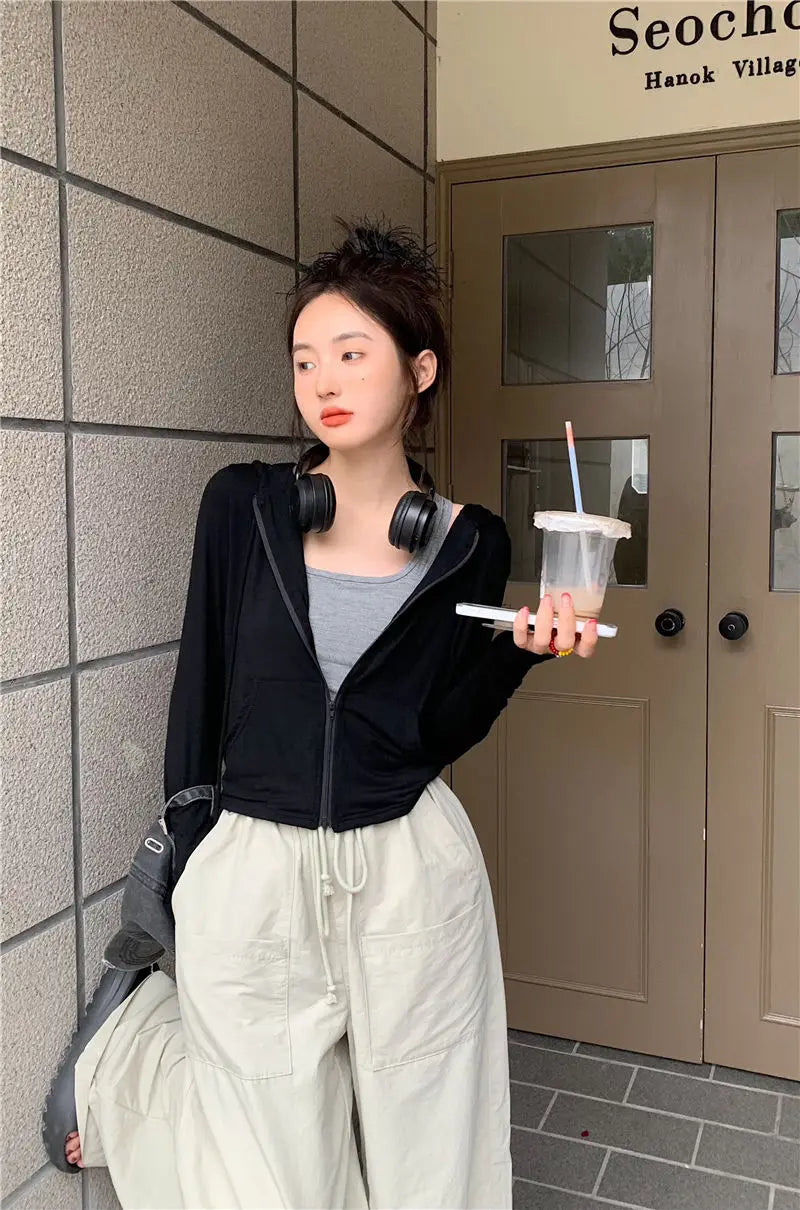 Hooded Jackets Women Thin Sunscreen Solid Fashion Summer Long Sleeve Cropped Coats All-match College Breathable Sporty Popular