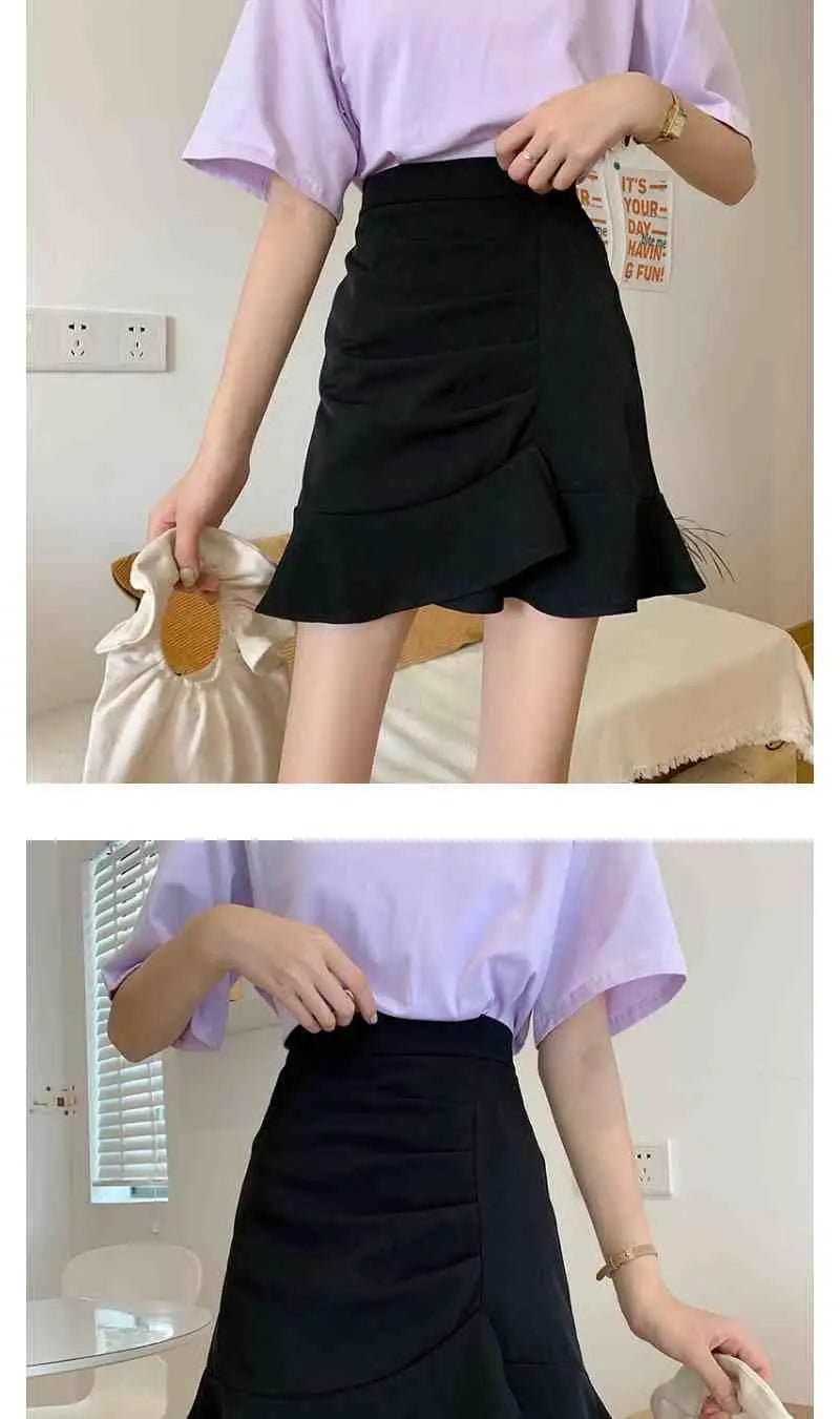 Irregular High Waist Skirts for Female Summer New Korean Fashion All-match Bag Hip A-Line Solid Color Ruffles Spliced Mini Skirt