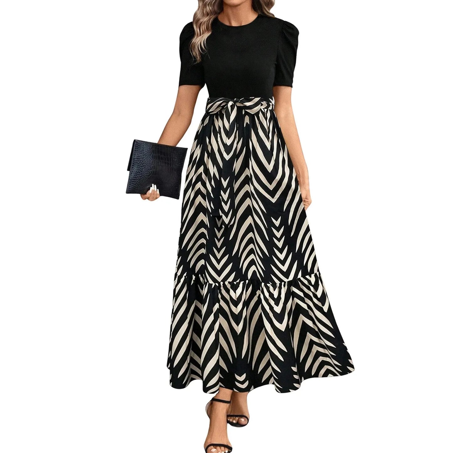 Elegant Women'S Dresses Floral Print High Waist Long Dresses Y2k Short Sleeved Round Neck Office Clothing Vestidos Para Mujer