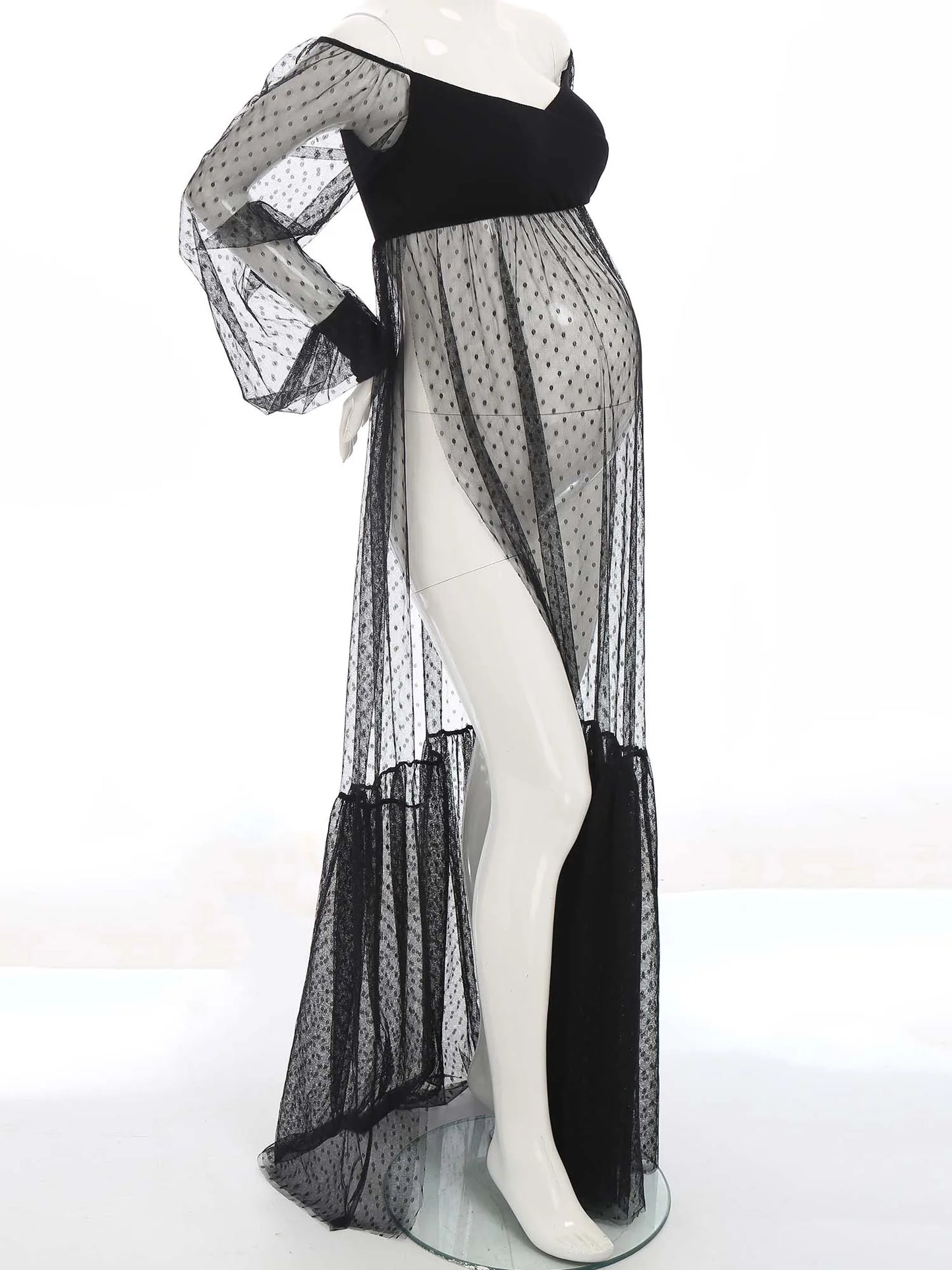 Maternity Pregnancy Photography Dress Bubble Sleeve Off-shoulder Polka Dots Sheer Mesh Split Maxi Gown for Party Sleepwear