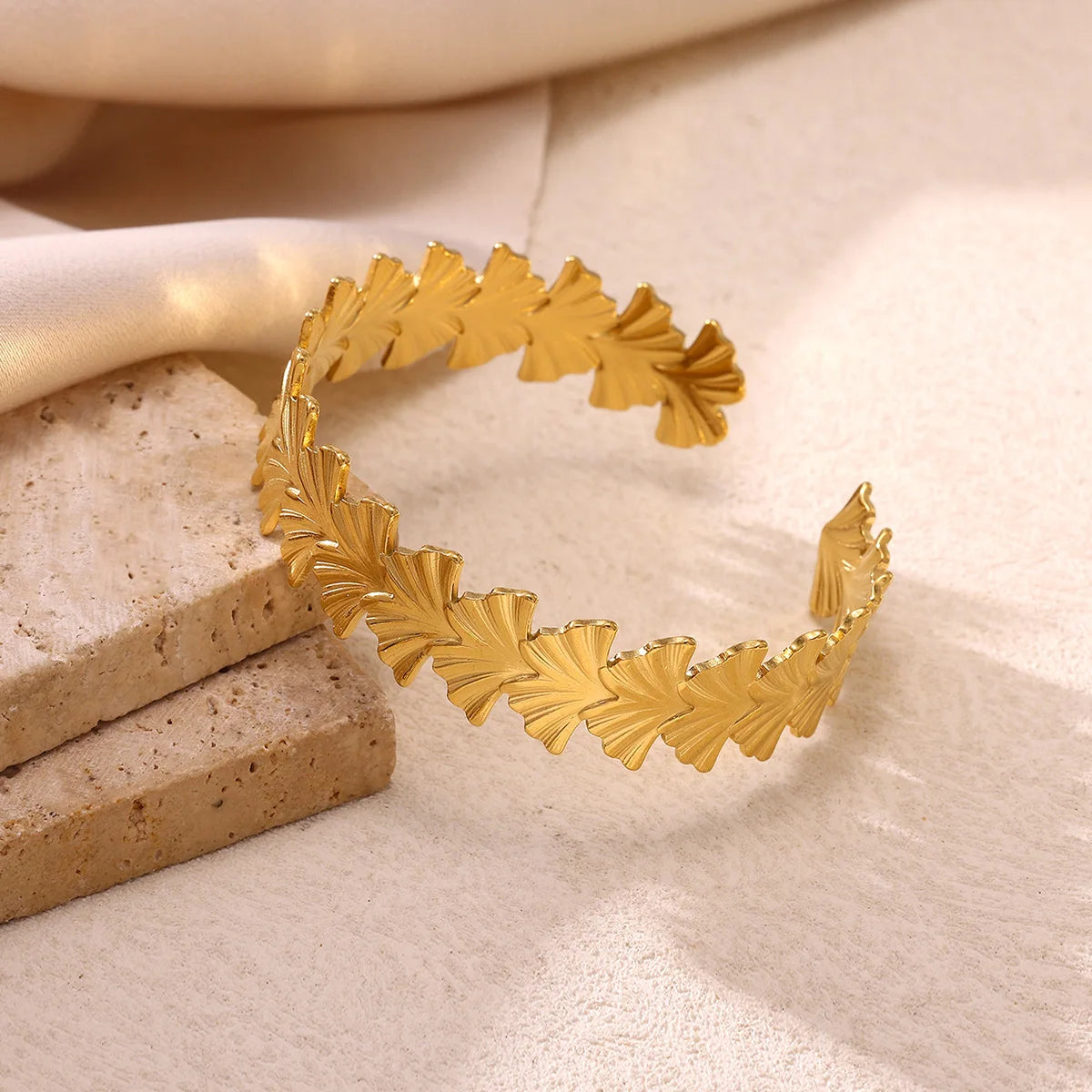 Cuff Bangles For Women Gold Color Punk Geometric Ginkgo Open Bracelet Turtle Jewelry Stainless Steel Waterproof Summer Party