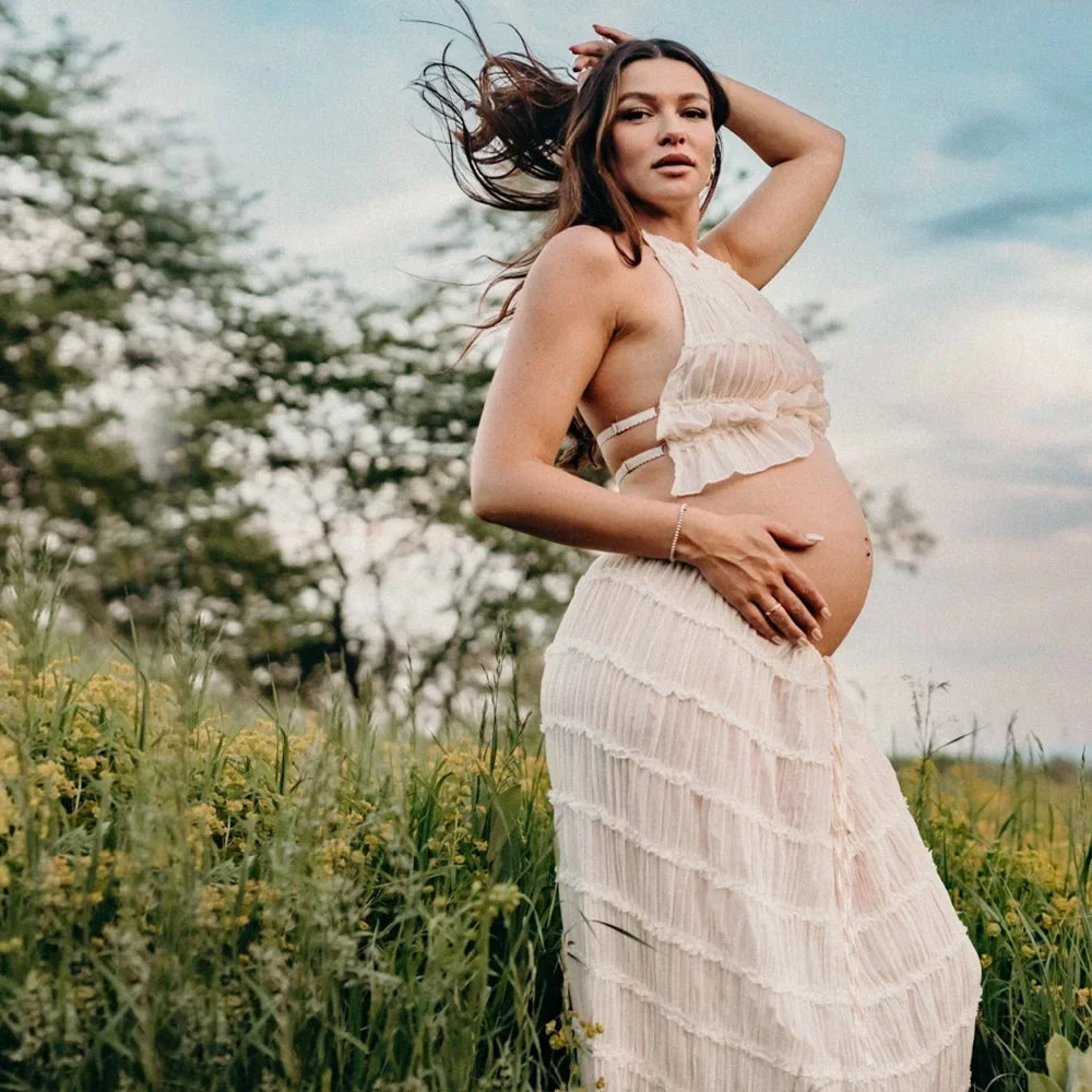Maternity Dress for Showers - Sexy Pleated camisole Skirt Fashion Neck Hanging Vest for   Pregnant Women's Photography Dress