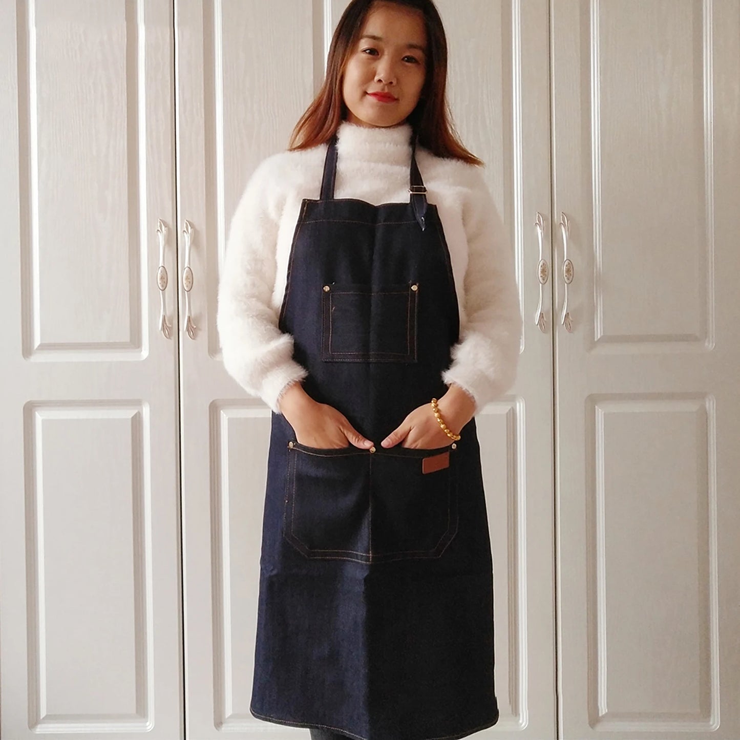 Denim Apron Salon Working Clothes Barber Cloth Kitchen Cooking Grill Restaurant Bar Shop Cafes Baking Beauty Nails Uniform