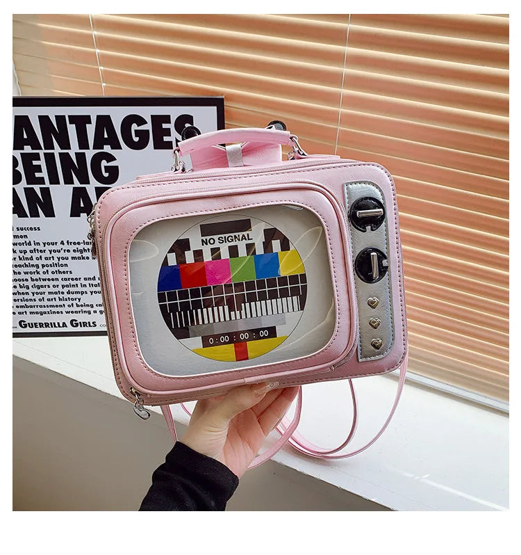 Cartoon Cute Handbags for Women Funny Retro TV Transparent Square Bag Fashion Leather Personalized Creative Shoulder Bag Woman