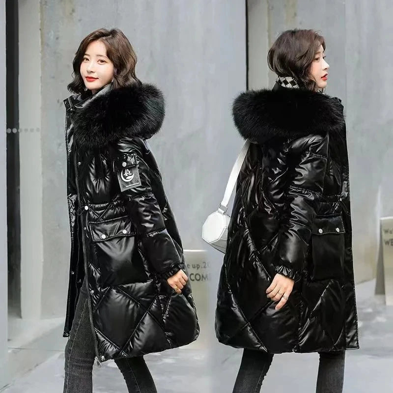 Champagne Winter Jacket Parkas Women Coat Fur Collar Hooded Overcoat Female Jacket Thick Warm Cotton Padded Puffer Parka Outwear