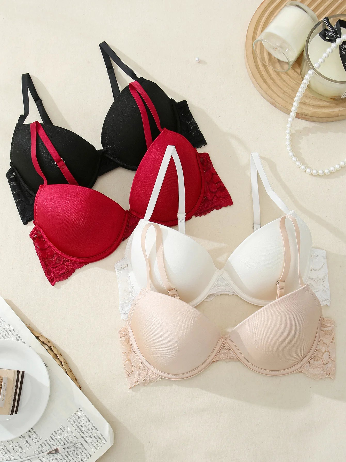 Large Size Bra for Women Non-underwire Gathering Lace Trim Lingerie Deep V Sexy Anti Sagging Push Up Underwear
