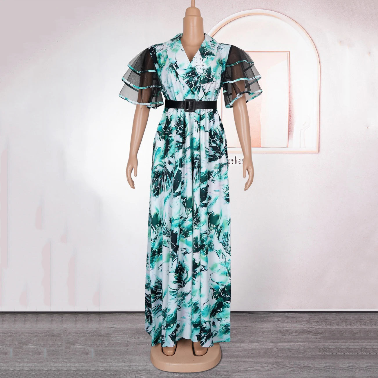 Elegant Printed Dresses for Woman V Neck Ruffles Sleeve Belt Waisted Ankle Length Luxury Birthday Party Dinner Vestidos Mujer