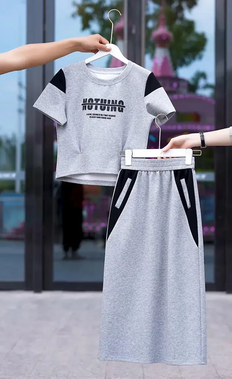 Women's Two Piece Set Short Sleeve Lightly Cooked Slit Skirt Luxury Designer Clothing Y2k Clothes Top and Bottom Female Outfits
