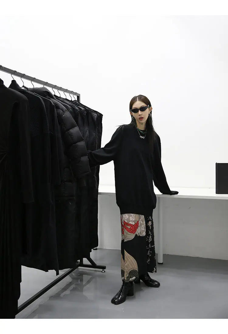 Skirts Women Cool Design Side-Slit Retro Leisure Simple Chinese Style Print All-match Comfortable High Waist Fashion Streetwear