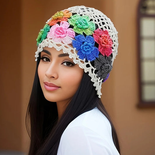 Women's Bohemian Floral Hat - Lightweight Elastic Stretch Fit, Handmade Crochet Design with Multicolor Flowers Breathable Summer