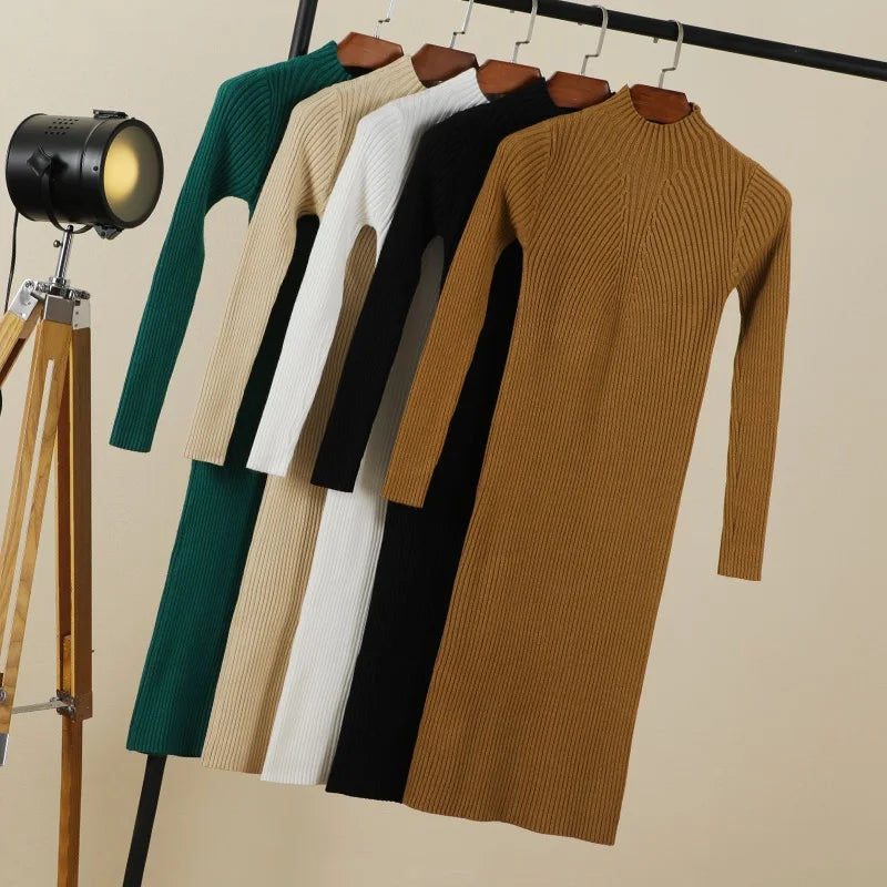 Sweater Dress Female 2025 Winter Knitted Basic Casual Women's Dresses Ladies Korean Fashion Clothes Clothing Robe Elegant Black