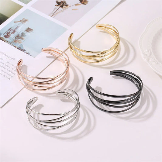 Fashion Cuff Bangles Bracelets For Women Open Wide Metal Layered Bangle Gold Silver Color Wrist Cuff Wrap Vintage Female Jewelry