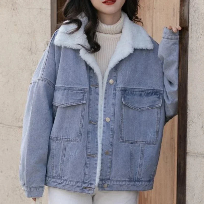 Outerwear Wool Inside Plain Warm Blue Denim Jacket for Women with Fur Plush Woman Jean Coat Winter 2025 Cold Padded Korean Outer