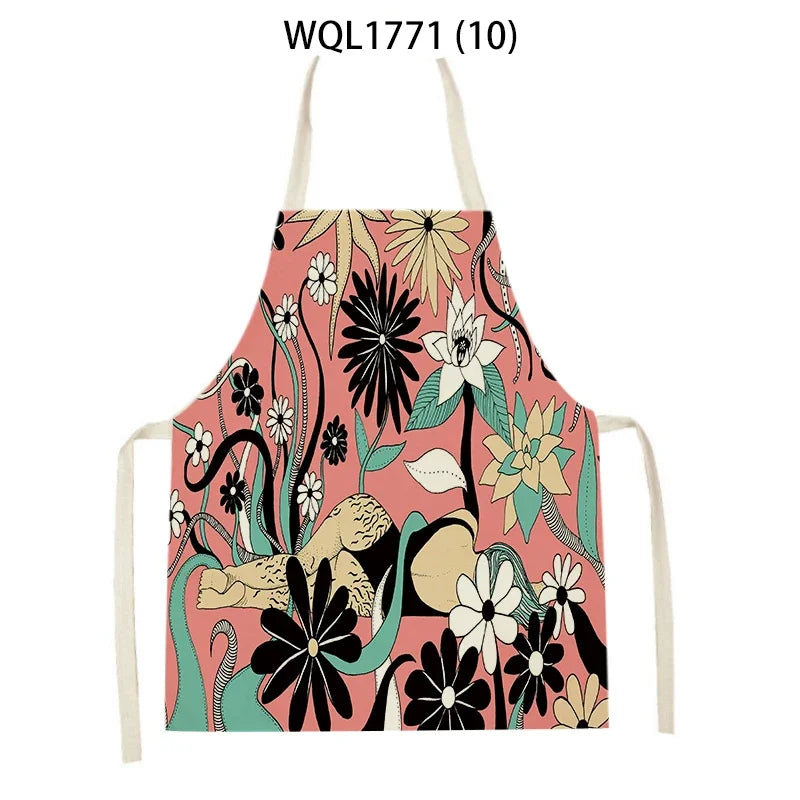 Kitchen Apron Modern Girl Plants Pattern Linen Aprons for Women Men Household Cleaning Apron Cooking Baking Accessories