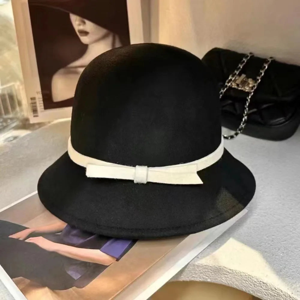 Women's Retro Hepburnesque Felt Hat - British Heiress Style with Bowknot, Formal Panama Cap for Autumn