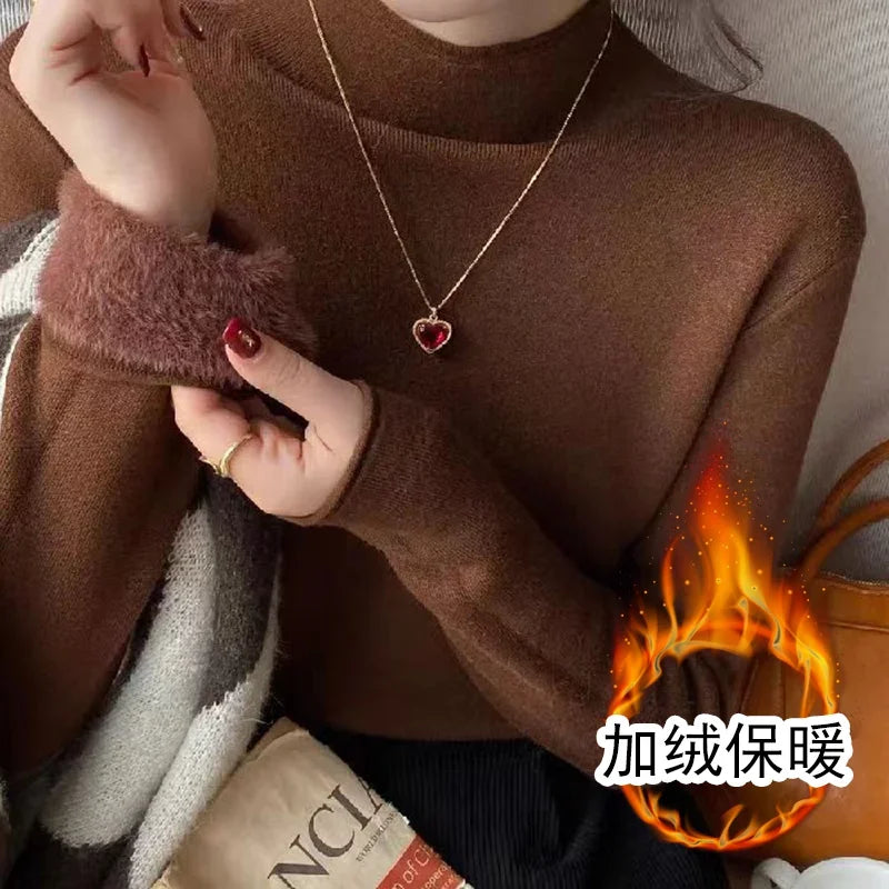 2025 Sweater For Women Casual Thick Warm Knit Plush Velvet Lined Pullover Tops Fall Winter Soft Knitwear Jumper New Slim Poleras