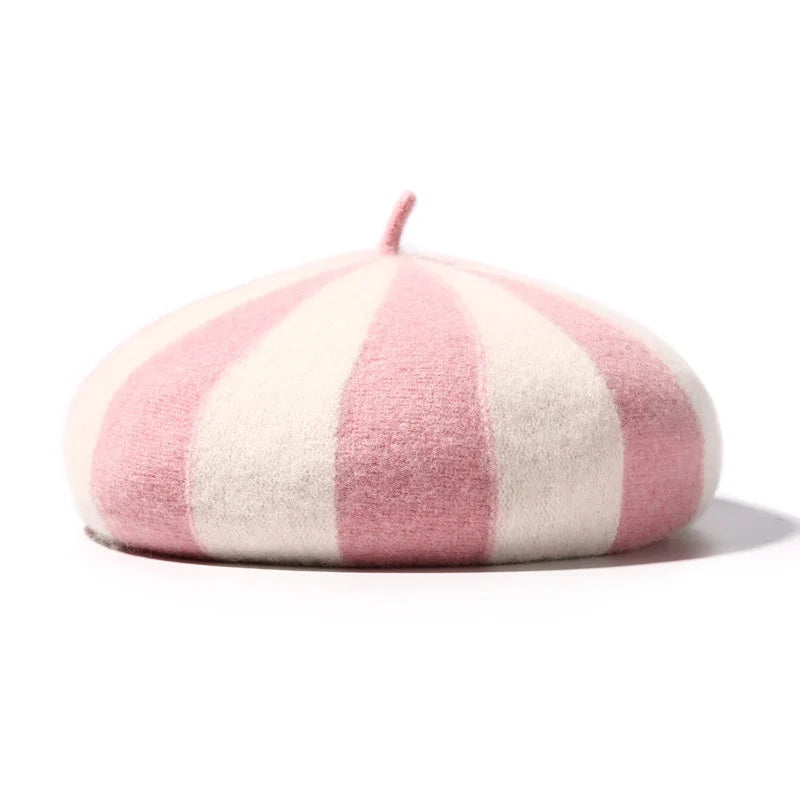 Women's Hat 100% Wool Beret Knitted Tweed Contrast Stripe Japanese Painter British Retro Autumn Winter Hats