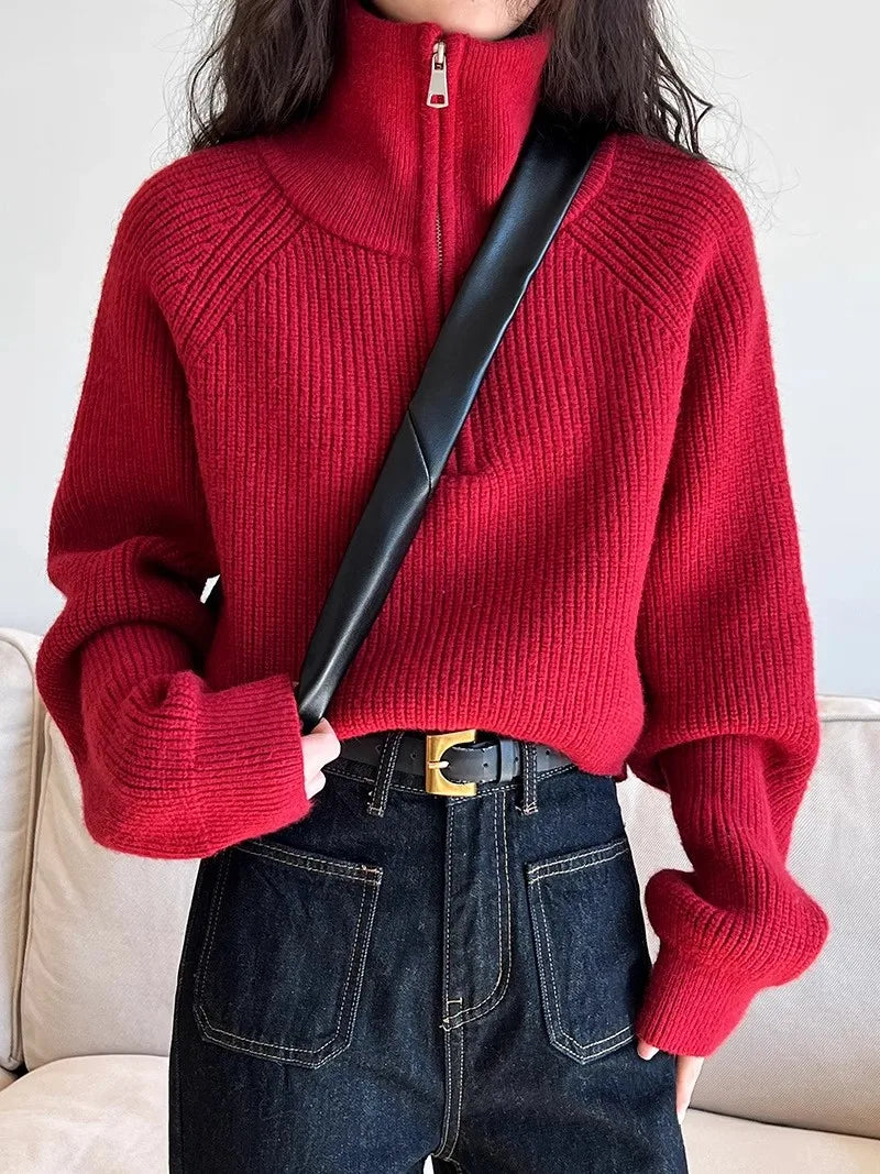 Sweater Pullover Women Autumn Winter 2025 New Zipper Underlay Loose Short Style Popular Premium Sweater Female Tops