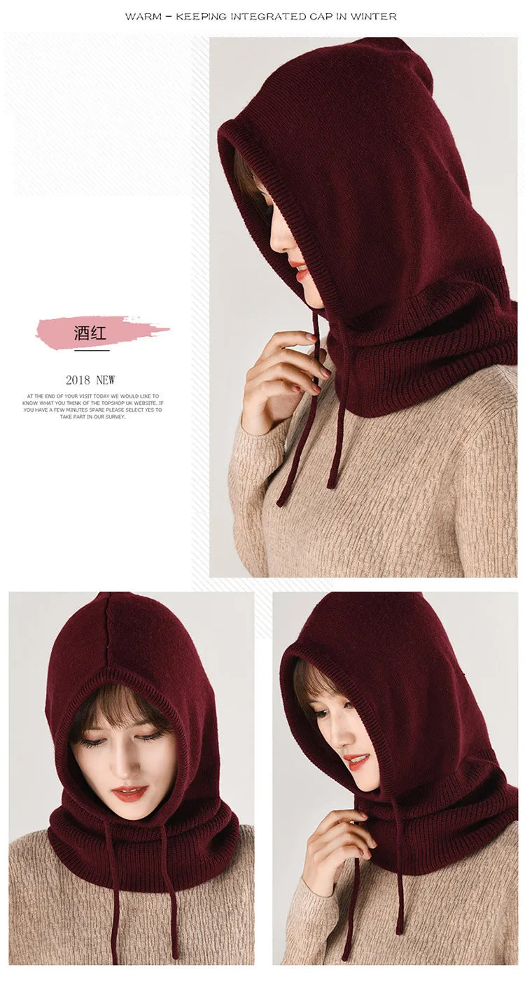 Winter Hats for Women, Wool Blend Hooded Scarf Hat for Girls Balaclava Knit Skull Cap Beanie Hat Neck Gaiters
