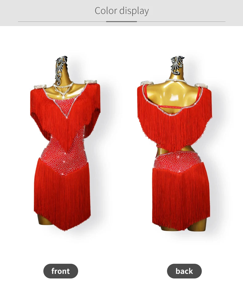 Red Latin Dance Fringed Dresses Sexy Womens Competition Costume Adult Female Party Clothes Cabaret Practice Wear Girl Stage Suit