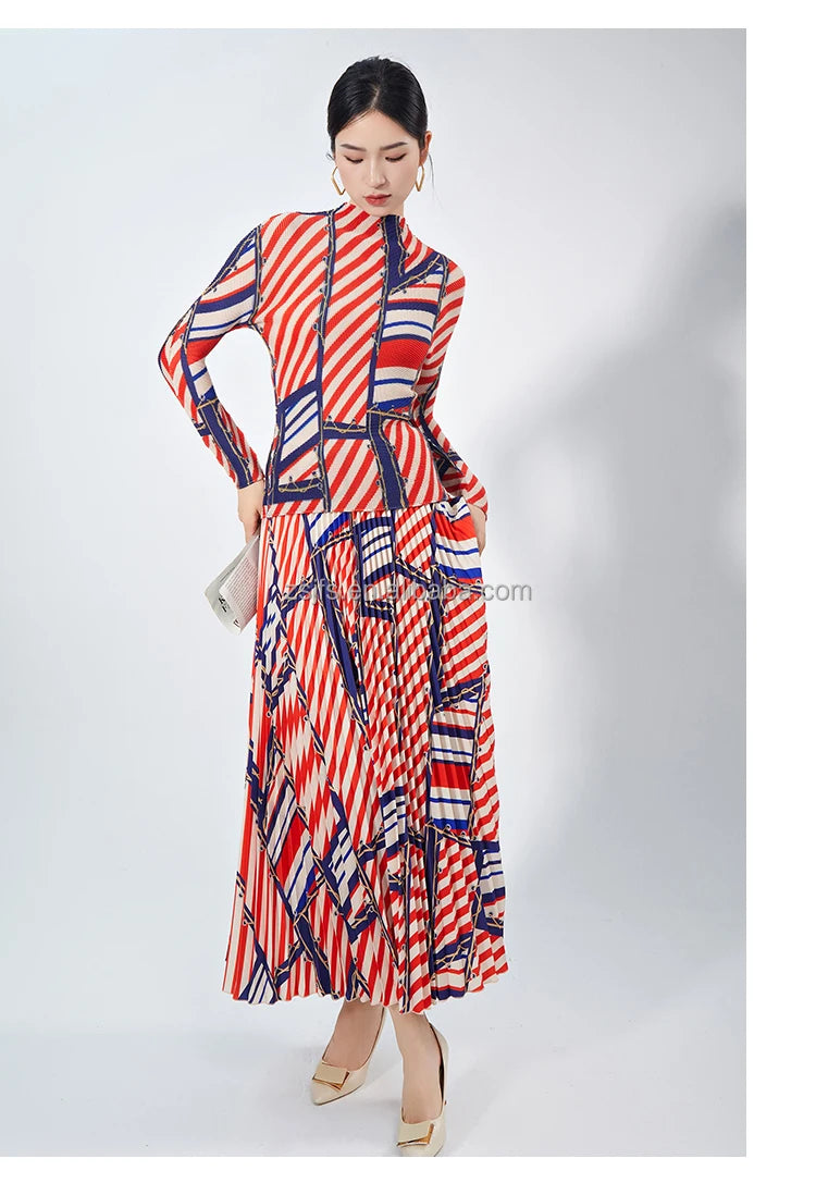 Elegant Women's Two-Piece Dress Set Pleated Striped Long-Sleeved Turtleneck Skirt Ankle Length Woven Fabric Anti-Static