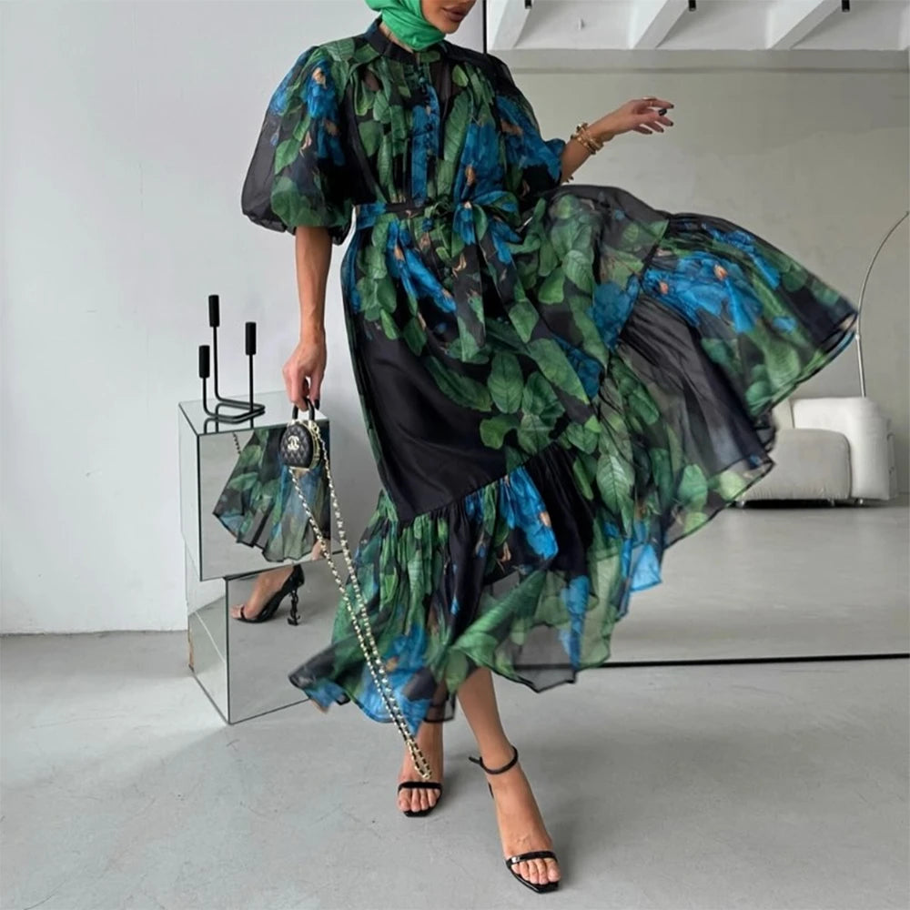 TWOTWINSTYLE Hit Color Spliced Printing Midi Dresses for Women Round Neck Short Sleeves Patchwork Lace Up Elegant Dress Female