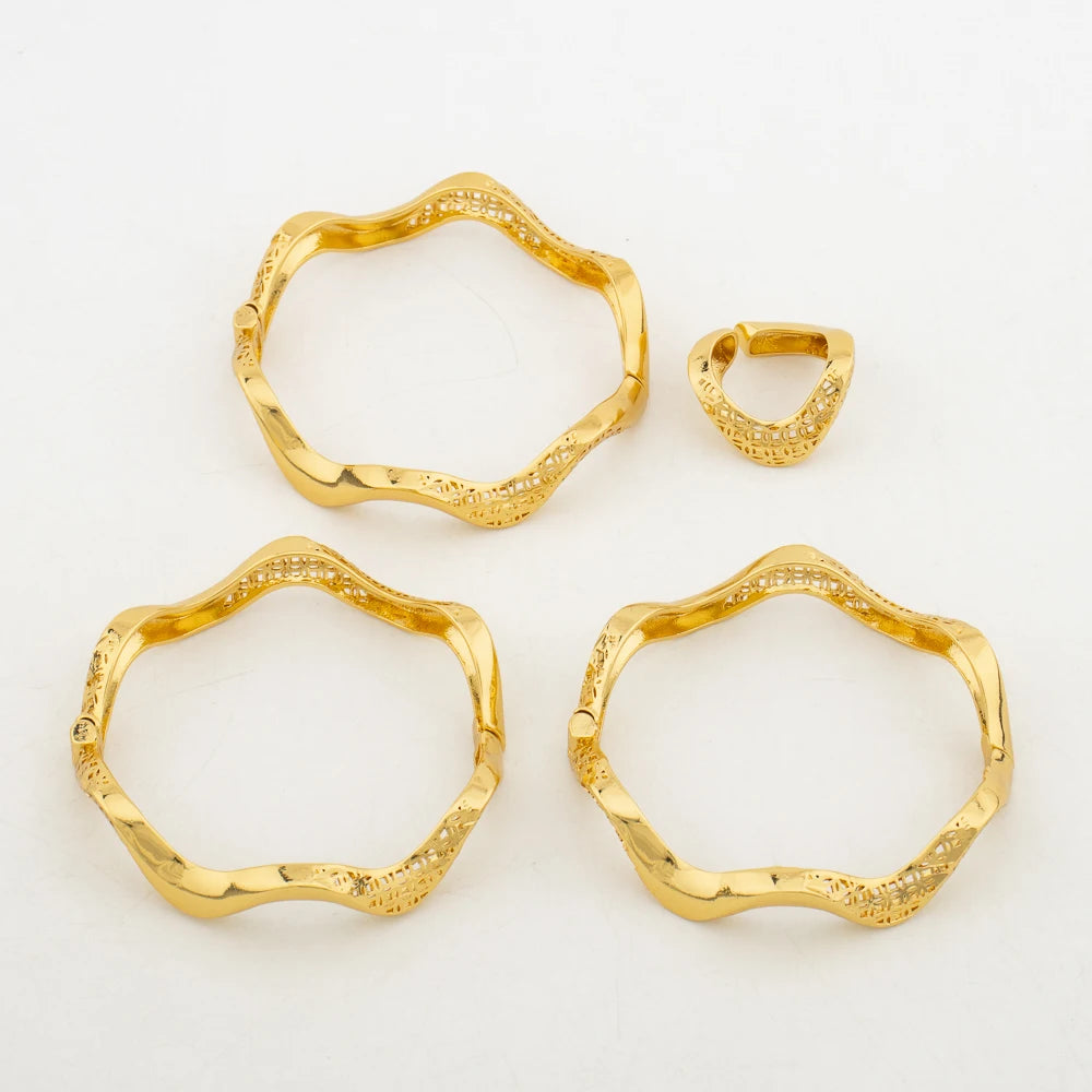 Fashion Bangle With Ring For Women 18K Gold Plated Bracelet Jewelry Sets Nigerian Wedding Party Gift Dubai Design Bracelet
