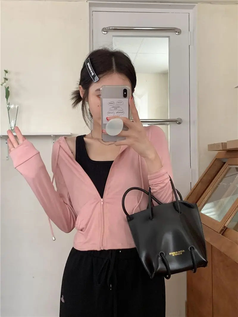 Hooded Jackets Women Thin Sunscreen Solid Fashion Summer Long Sleeve Cropped Coats All-match College Breathable Sporty Popular