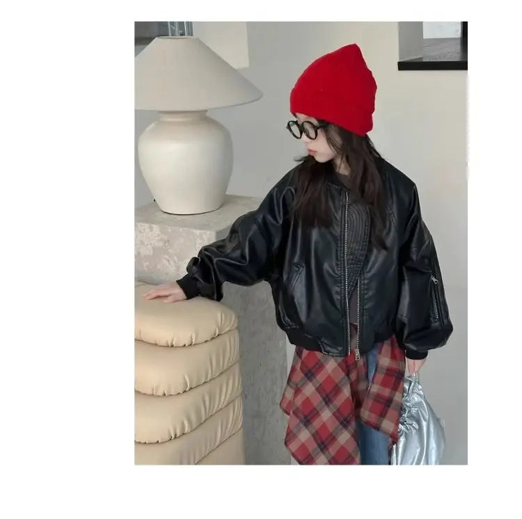 Girls' outerwear Spring and Autumn 2025 New Fashionable Outerwear Short Leather Jacket Autumn Clothing for Children