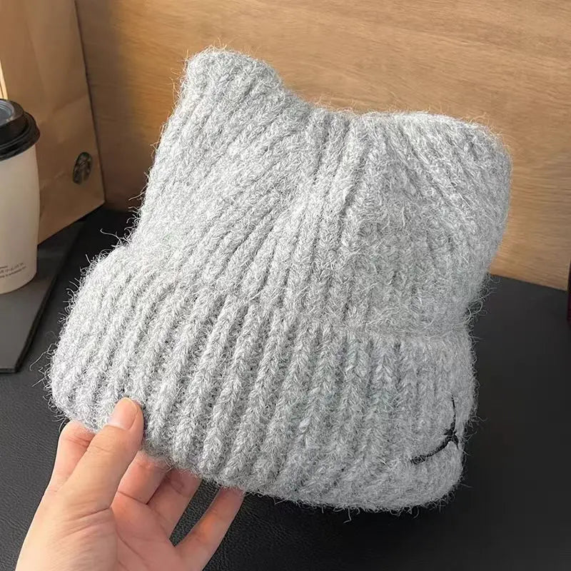 Hat for Women Cute Cat Ears Autumn Winter New Knitted Hat Winter Warm Embroidered Face Slimming Beanie Wool Hat