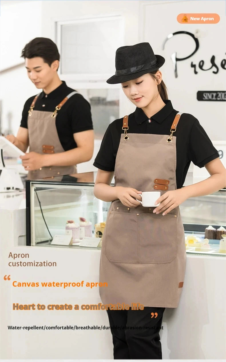 Waterproof Kitchen Apron For Women/Men With Pockets Work Mandil Cleaning Pinafore Restaurant Shop Waiter Work Uniform