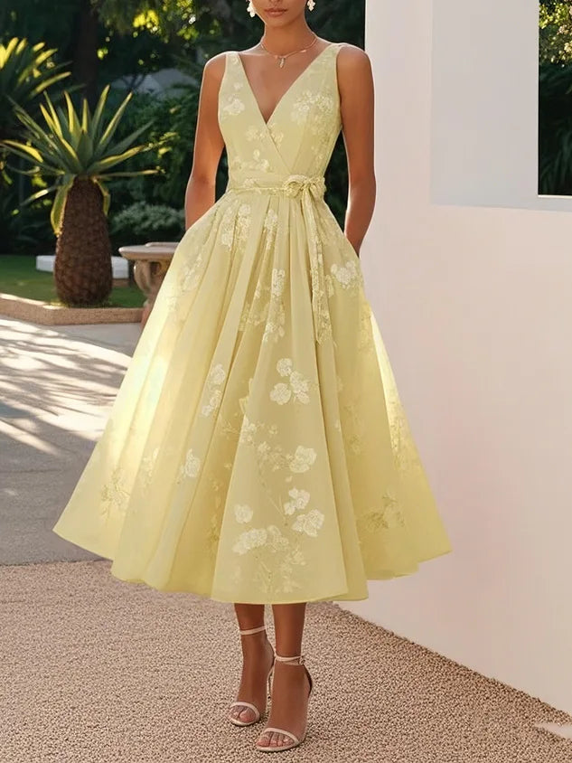 Stylish Temperament Printed Dress Elegant V-neck Mesh Sleeveless Waist Cinched Bow Dress Summer Women Long Dress Formal Dress