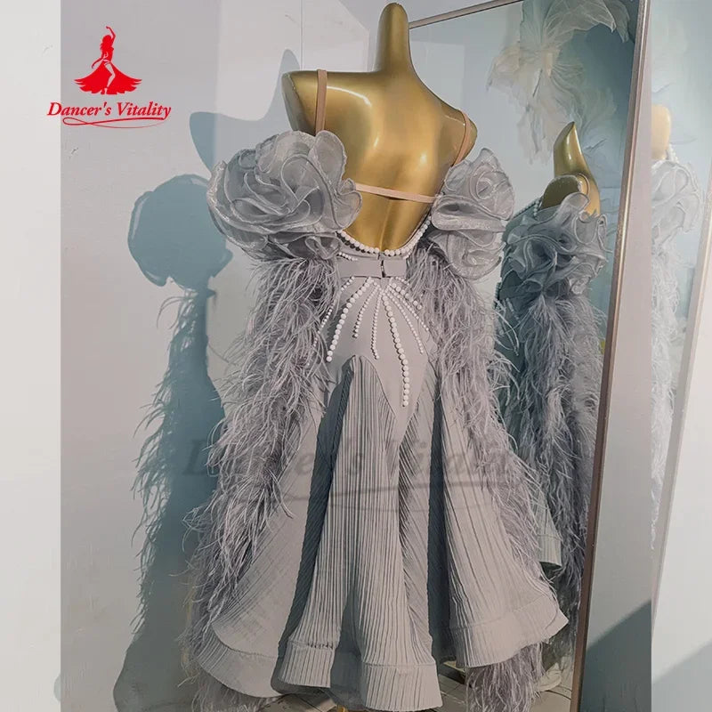 Modern Dance Performance Costume High-end Luxury Feather Backless Dress Adult and Children's Ballroom Dance Competition Clothing