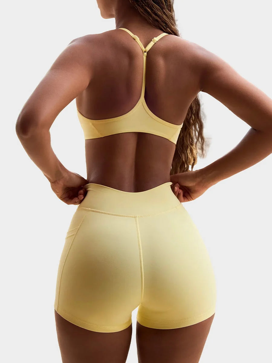 Women's Yoga Suit High Elasticity Naked Breathable Elastic Cross Waist Shorts Hanging Neck Bra Beautiful Back Gym Exercise Set